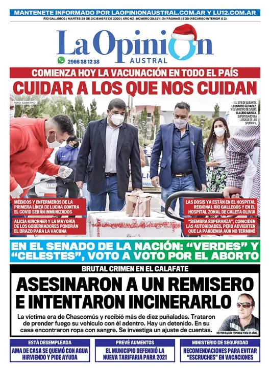 Diario La Opinión Austral tapa edición impresa del 29 de diciembre de 2020, Río Gallegos, Santa Cruz, Argentina