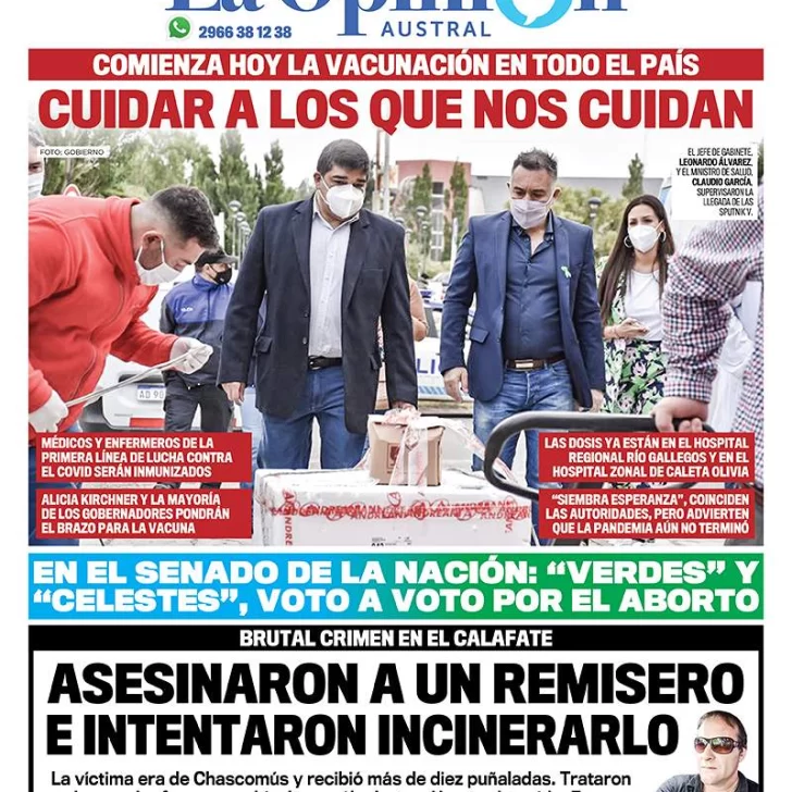 Diario La Opinión Austral tapa edición impresa del 29 de diciembre de 2020, Río Gallegos, Santa Cruz, Argentina