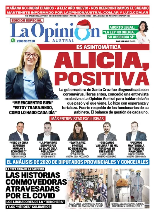 Diario La Opinión Austral tapa edición impresa del 31 de diciembre de 2020, Río Gallegos, Santa Cruz, Argentina