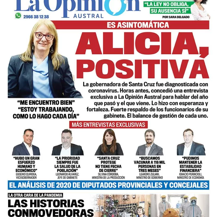 Diario La Opinión Austral tapa edición impresa del 31 de diciembre de 2020, Río Gallegos, Santa Cruz, Argentina