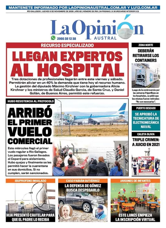 Diario La Opinión Austral tapa edición impresa del 5 de enero de 2021, Río Gallegos, Santa Cruz, Argentina