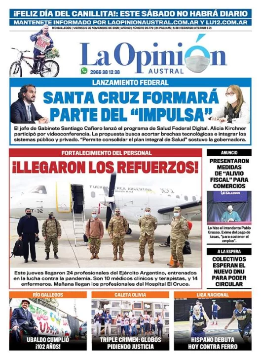 Diario La Opinión Austral tapa edición impresa del 6 de noviembre de 2020, Río Gallegos, Santa Cruz, Argentina