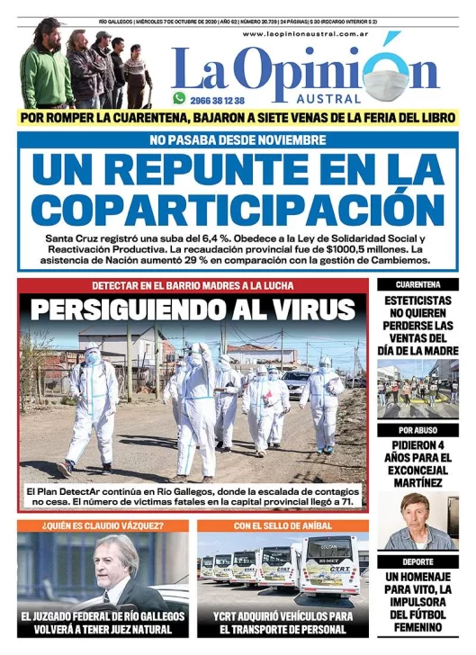 Diario La Opinión Austral tapa edición impresa del 7 de octubre de 2020, Río Gallegos, Santa Cruz, Argentina