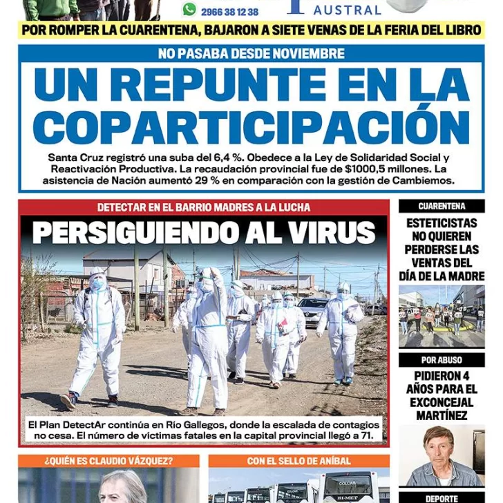 Diario La Opinión Austral tapa edición impresa del 7 de octubre de 2020, Río Gallegos, Santa Cruz, Argentina