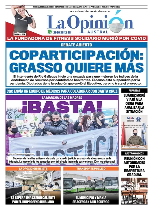 Diario La Opinión Austral tapa edición impresa del 8 de octubre de 2020, Río Gallegos, Santa Cruz, Argentina