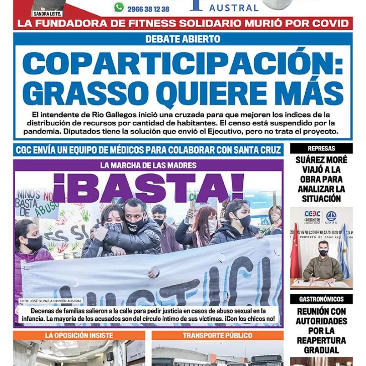 Diario La Opinión Austral tapa edición impresa del 8 de octubre de 2020, Río Gallegos, Santa Cruz, Argentina