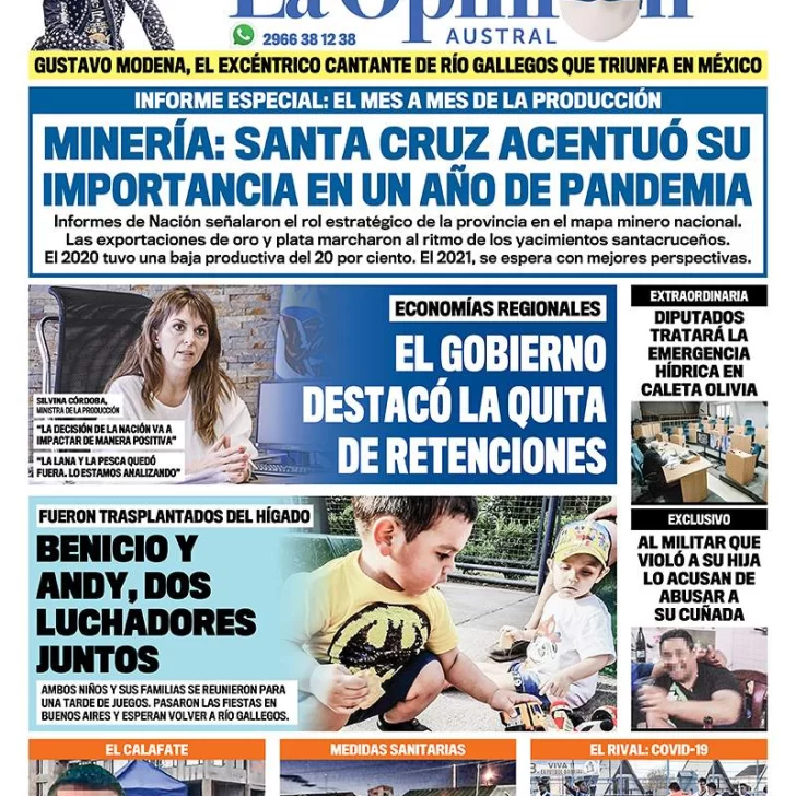 Diario La Opinión Austral tapa edición impresa del 10 de enero de 2021, Río Gallegos, Santa Cruz, Argentina