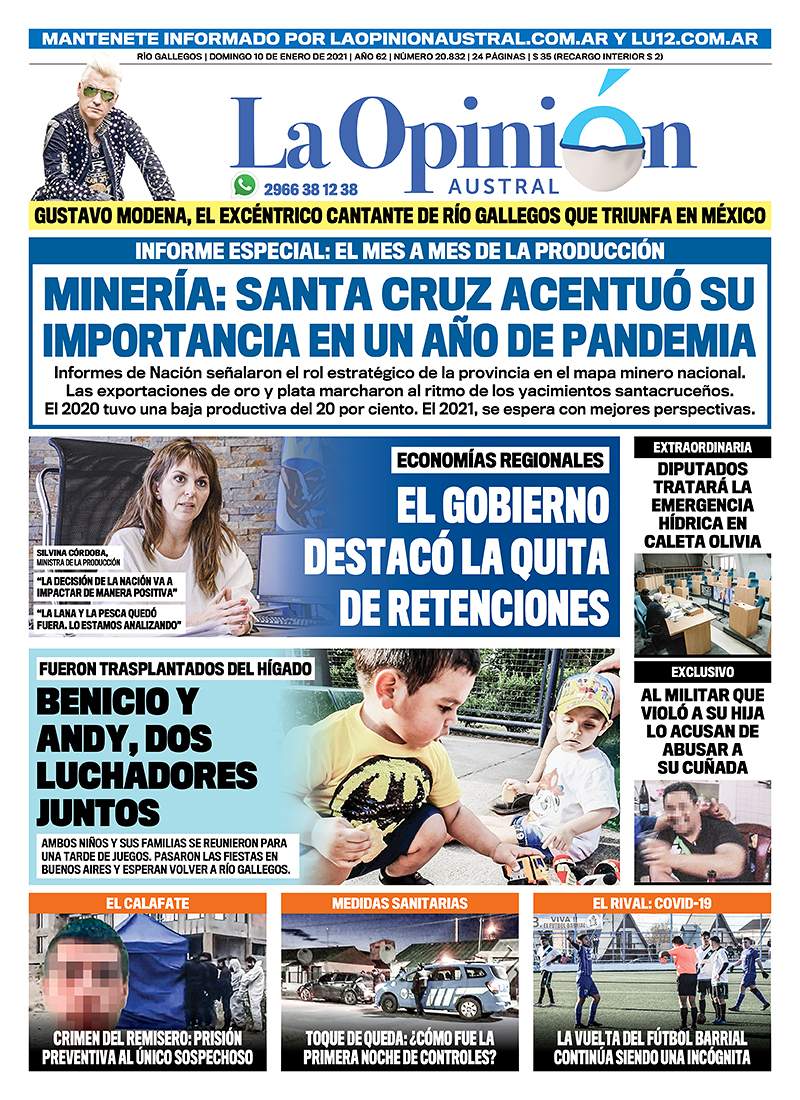 Diario La Opinión Austral tapa edición impresa del 10 de enero de 2021, Río Gallegos, Santa Cruz, Argentina