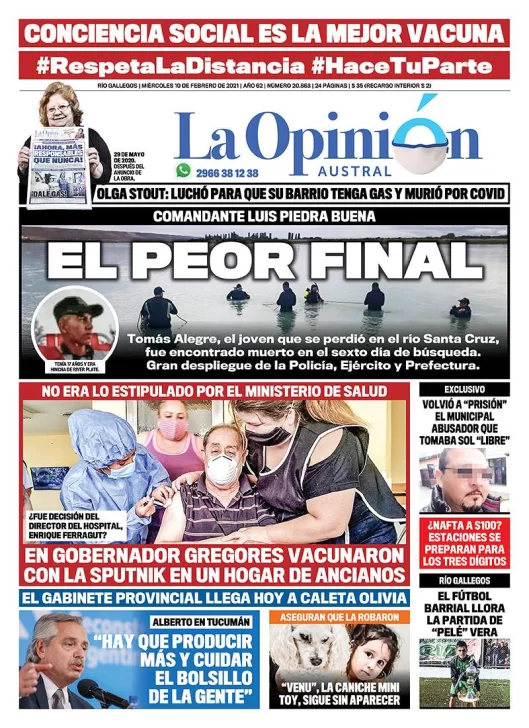 Diario La Opinión Austral tapa edición impresa del 10 de febrero de 2021, Río Gallegos, Santa Cruz, Argentina
