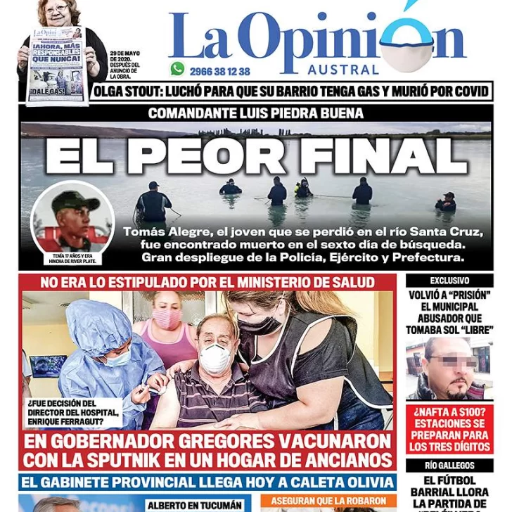 Diario La Opinión Austral tapa edición impresa del 10 de febrero de 2021, Río Gallegos, Santa Cruz, Argentina