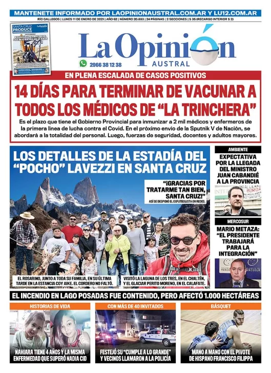 Diario La Opinión Austral tapa edición impresa del 11 de enero de 2021, Río Gallegos, Santa Cruz, Argentina