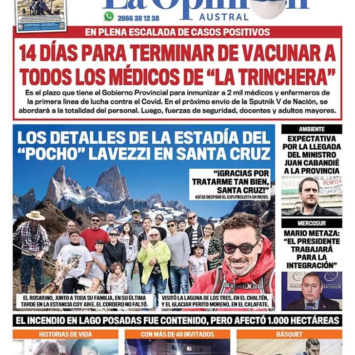 Diario La Opinión Austral tapa edición impresa del 11 de enero de 2021, Río Gallegos, Santa Cruz, Argentina