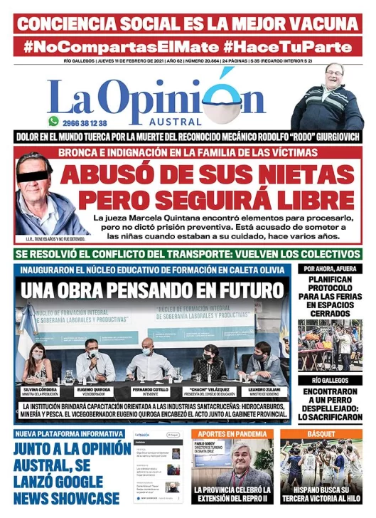 Diario La Opinión Austral tapa edición impresa del 11 de febrero de 2021, Río Gallegos, Santa Cruz, Argentina