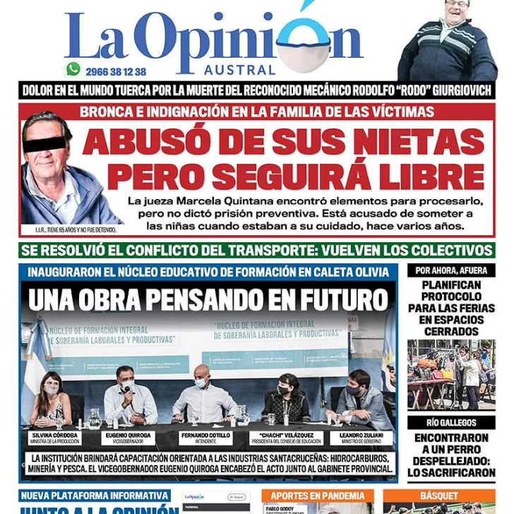 Diario La Opinión Austral tapa edición impresa del 11 de febrero de 2021, Río Gallegos, Santa Cruz, Argentina