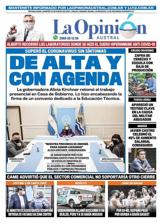 Diario La Opinión Austral tapa edición impresa del 12 de enero de 2021, Río Gallegos, Santa Cruz, Argentina