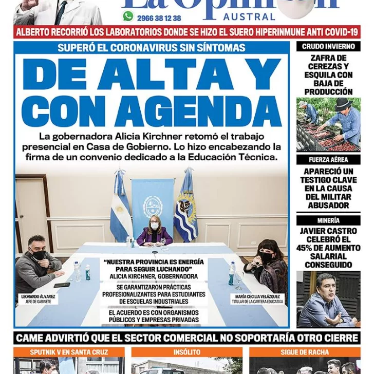 Diario La Opinión Austral tapa edición impresa del 12 de enero de 2021, Río Gallegos, Santa Cruz, Argentina