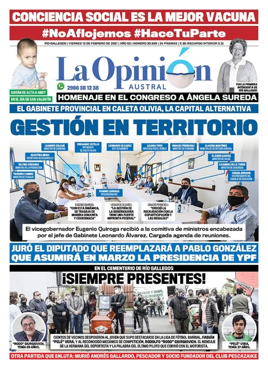 Diario La Opinión Austral tapa edición impresa del 12 de febrero de 2021, Río Gallegos, Santa Cruz, Argentina