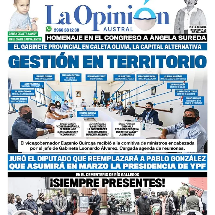 Diario La Opinión Austral tapa edición impresa del 12 de febrero de 2021, Río Gallegos, Santa Cruz, Argentina