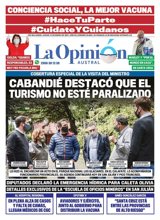 Diario La Opinión Austral tapa edición impresa del 14 de enero de 2021, Río Gallegos, Santa Cruz, Argentina
