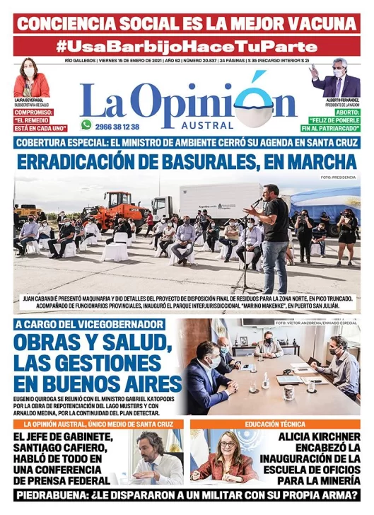 Diario La Opinión Austral tapa edición impresa del 15 de enero de 2021, Río Gallegos, Santa Cruz, Argentina