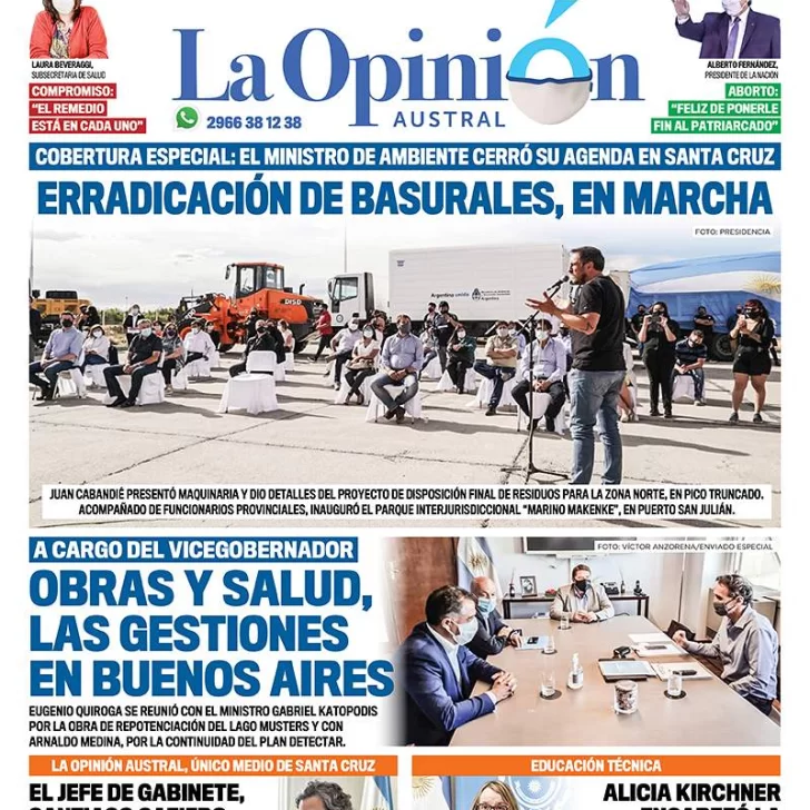 Diario La Opinión Austral tapa edición impresa del 15 de enero de 2021, Río Gallegos, Santa Cruz, Argentina