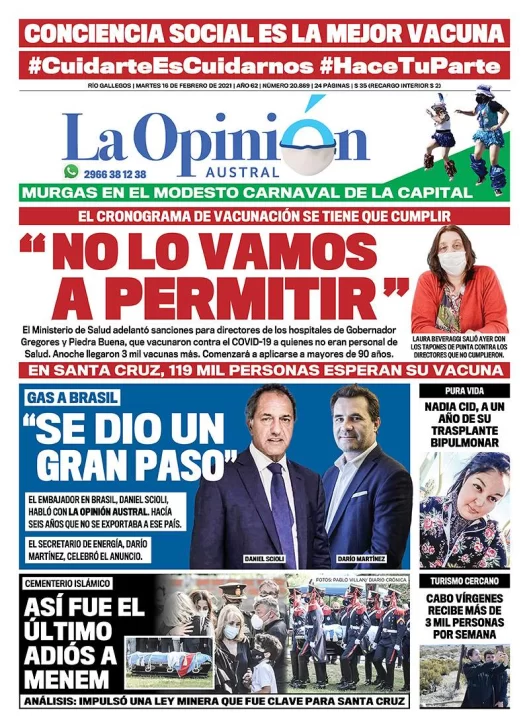 Diario La Opinión Austral tapa edición impresa del 16 de febrero de 2021, Río Gallegos, Santa Cruz, Argentina