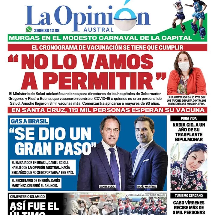 Diario La Opinión Austral tapa edición impresa del 16 de febrero de 2021, Río Gallegos, Santa Cruz, Argentina