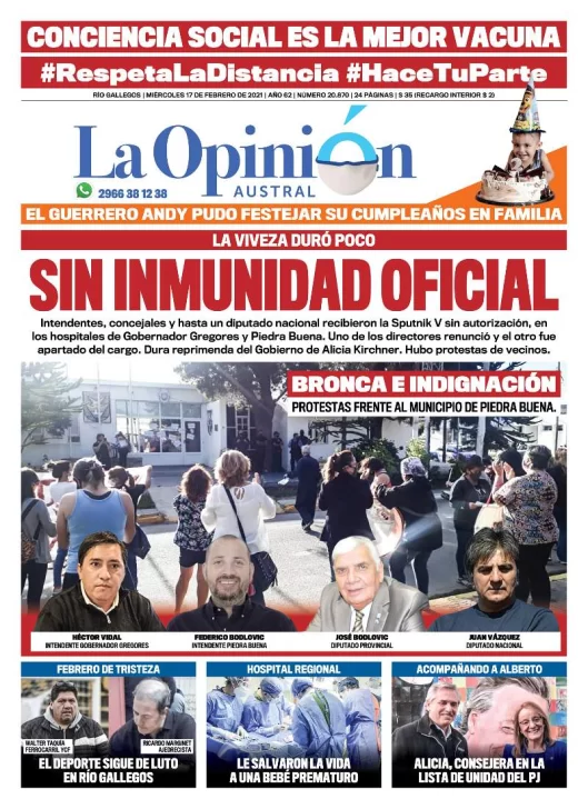 Diario La Opinión Austral tapa edición impresa del 17 de febrero de 2021, Río Gallegos, Santa Cruz, Argentina