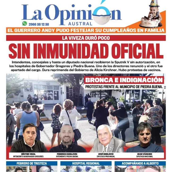 Diario La Opinión Austral tapa edición impresa del 17 de febrero de 2021, Río Gallegos, Santa Cruz, Argentina