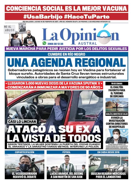 Diario La Opinión Austral tapa edición impresa del 18 de febrero de 2021, Río Gallegos, Santa Cruz, Argentina