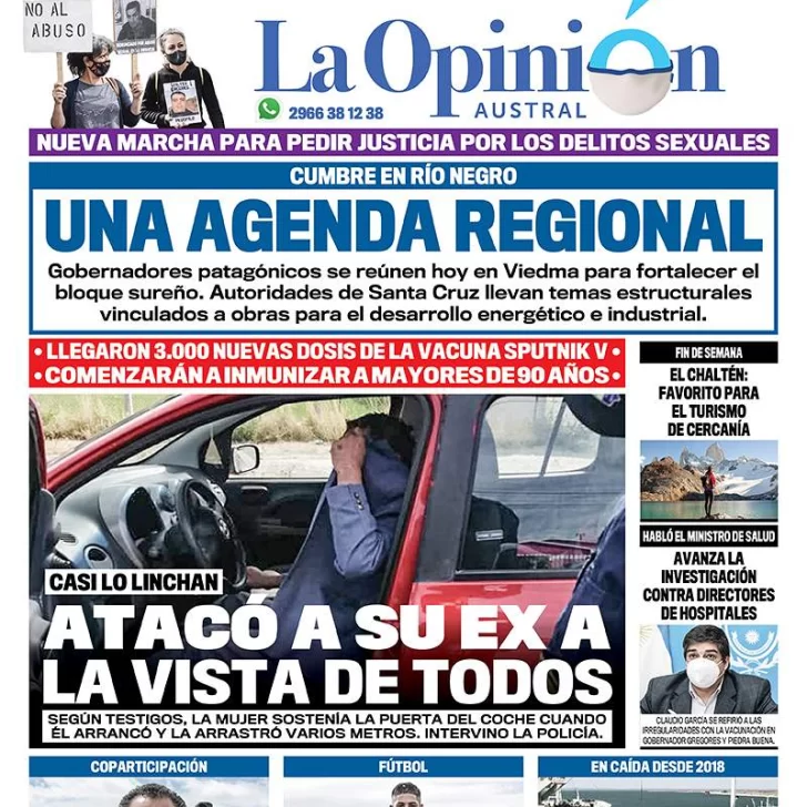 Diario La Opinión Austral tapa edición impresa del 18 de febrero de 2021, Río Gallegos, Santa Cruz, Argentina