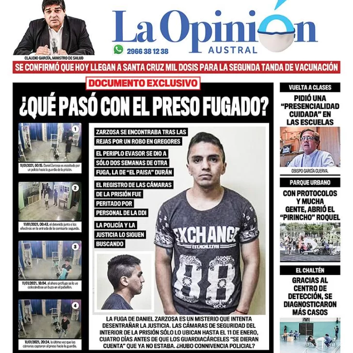 Diario La Opinión Austral tapa edición impresa del 19 de enero de 2021, Río Gallegos, Santa Cruz, Argentina Diario La Opinión Austral tapa edición impresa del 19 de enero de 2021, Río Gallegos, Santa Cruz, Argentina