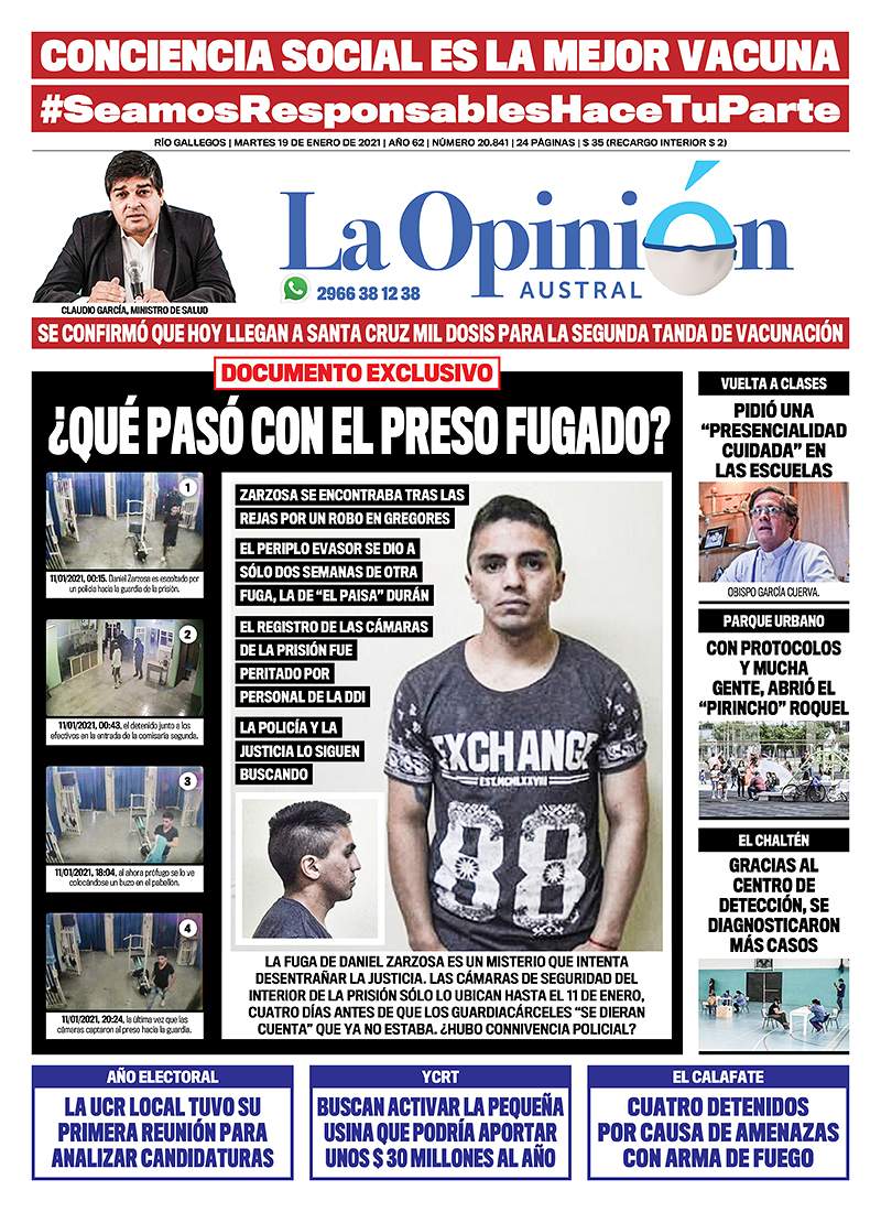 Diario La Opinión Austral tapa edición impresa del 19 de enero de 2021, Río Gallegos, Santa Cruz, Argentina Diario La Opinión Austral tapa edición impresa del 19 de enero de 2021, Río Gallegos, Santa Cruz, Argentina
