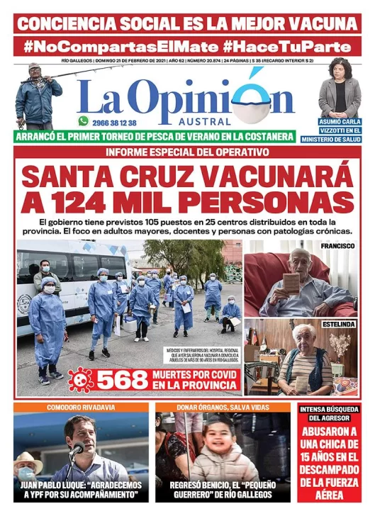 Diario La Opinión Austral tapa edición impresa del 21 de febrero de 2021, Río Gallegos, Santa Cruz, Argentina