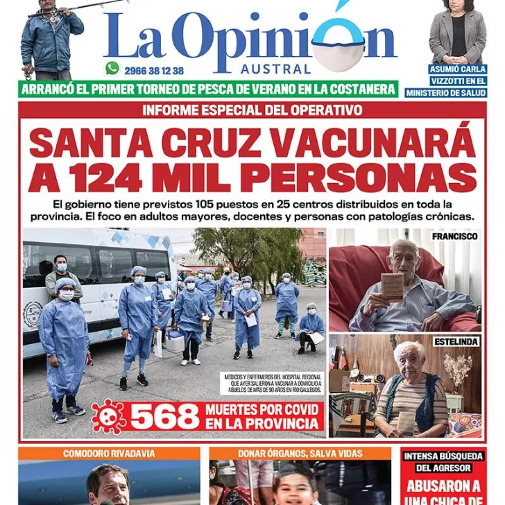 Diario La Opinión Austral tapa edición impresa del 21 de febrero de 2021, Río Gallegos, Santa Cruz, Argentina