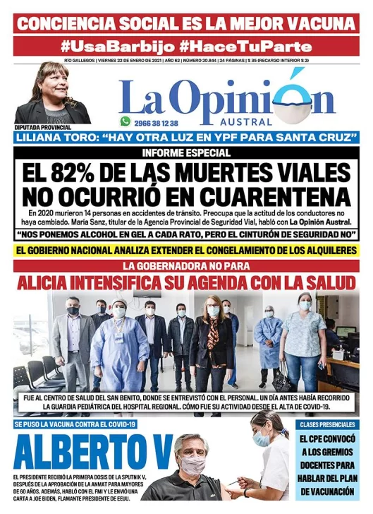 Diario La Opinión Austral tapa edición impresa del 22 de enero de 2021, Río Gallegos, Santa Cruz, Argentina