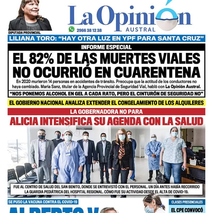 Diario La Opinión Austral tapa edición impresa del 22 de enero de 2021, Río Gallegos, Santa Cruz, Argentina