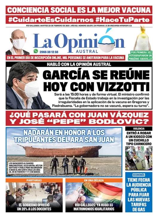 Diario La Opinión Austral tapa edición impresa del 23 de febrero de 2021, Río Gallegos, Santa Cruz, Argentina