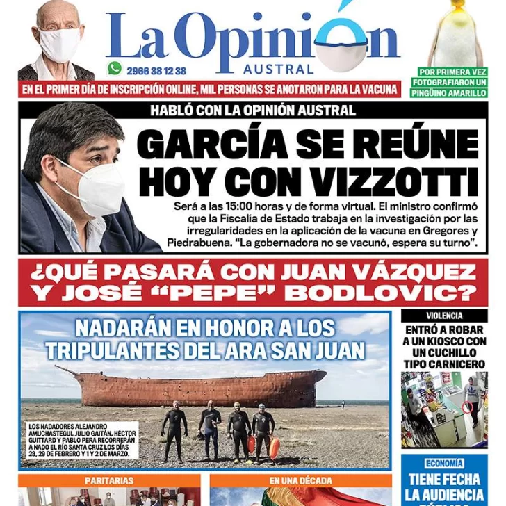 Diario La Opinión Austral tapa edición impresa del 23 de febrero de 2021, Río Gallegos, Santa Cruz, Argentina