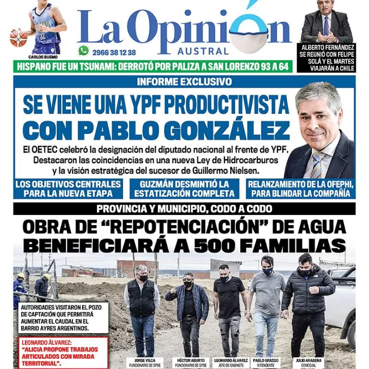 Diario La Opinión Austral tapa edición impresa del 24 de enero de 2021, Río Gallegos, Santa Cruz, Argentina