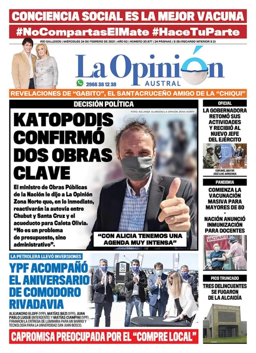 Diario La Opinión Austral tapa edición impresa del 24 de febrero de 2021, Río Gallegos, Santa Cruz, Argentina