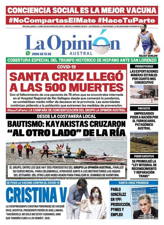 Diario La Opinión Austral tapa edición impresa del 25 de enero de 2021, Río Gallegos, Santa Cruz, Argentina