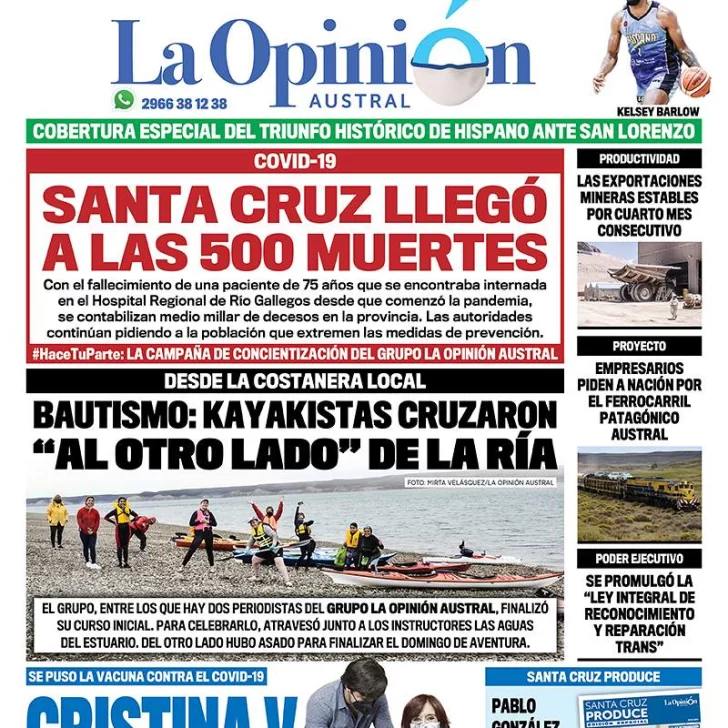 Diario La Opinión Austral tapa edición impresa del 25 de enero de 2021, Río Gallegos, Santa Cruz, Argentina