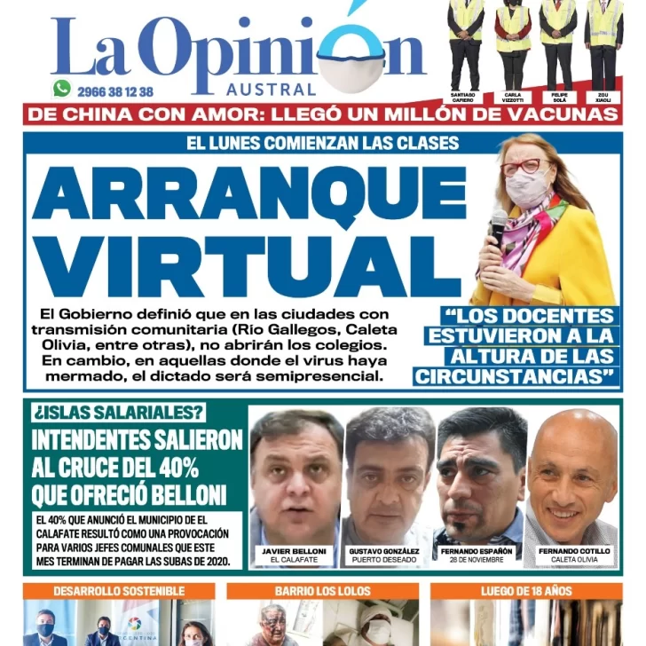 Diario La Opinión Austral tapa edición impresa del 26 de febrero de 2021, Río Gallegos, Santa Cruz, Argentina