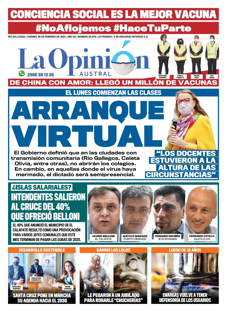 Diario La Opinión Austral tapa edición impresa del 26 de febrero de 2021, Río Gallegos, Santa Cruz, Argentina