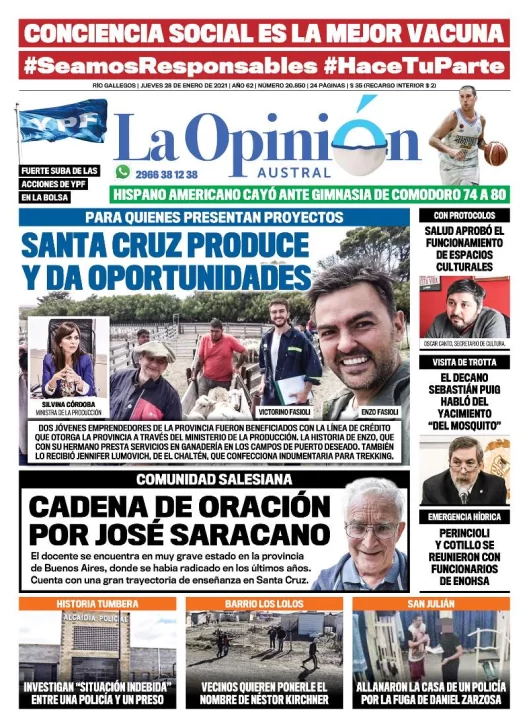 Diario La Opinión Austral tapa edición impresa del 28 de enero de 2021, Río Gallegos, Santa Cruz, Argentina