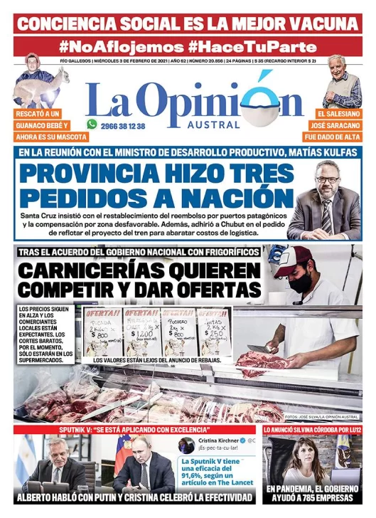 Diario La Opinión Austral tapa edición impresa del 3 de febrero de 2021, Río Gallegos, Santa Cruz, Argentina