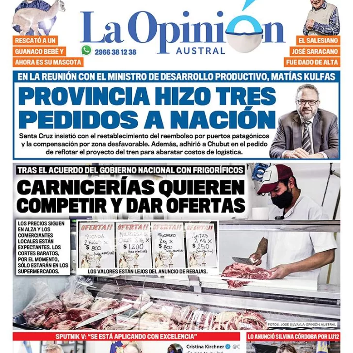 Diario La Opinión Austral tapa edición impresa del 3 de febrero de 2021, Río Gallegos, Santa Cruz, Argentina