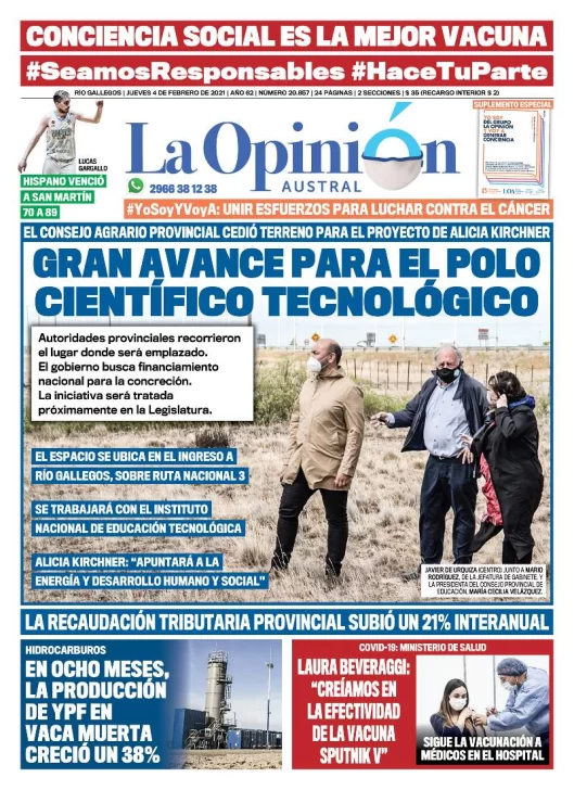 Diario La Opinión Austral tapa edición impresa del 4 de febrero de 2021, Río Gallegos, Santa Cruz, Argentina