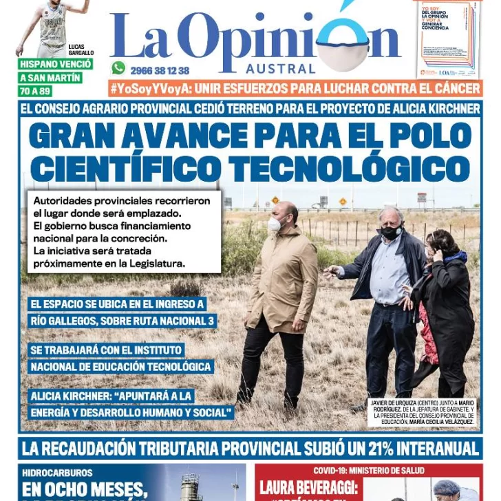 Diario La Opinión Austral tapa edición impresa del 4 de febrero de 2021, Río Gallegos, Santa Cruz, Argentina